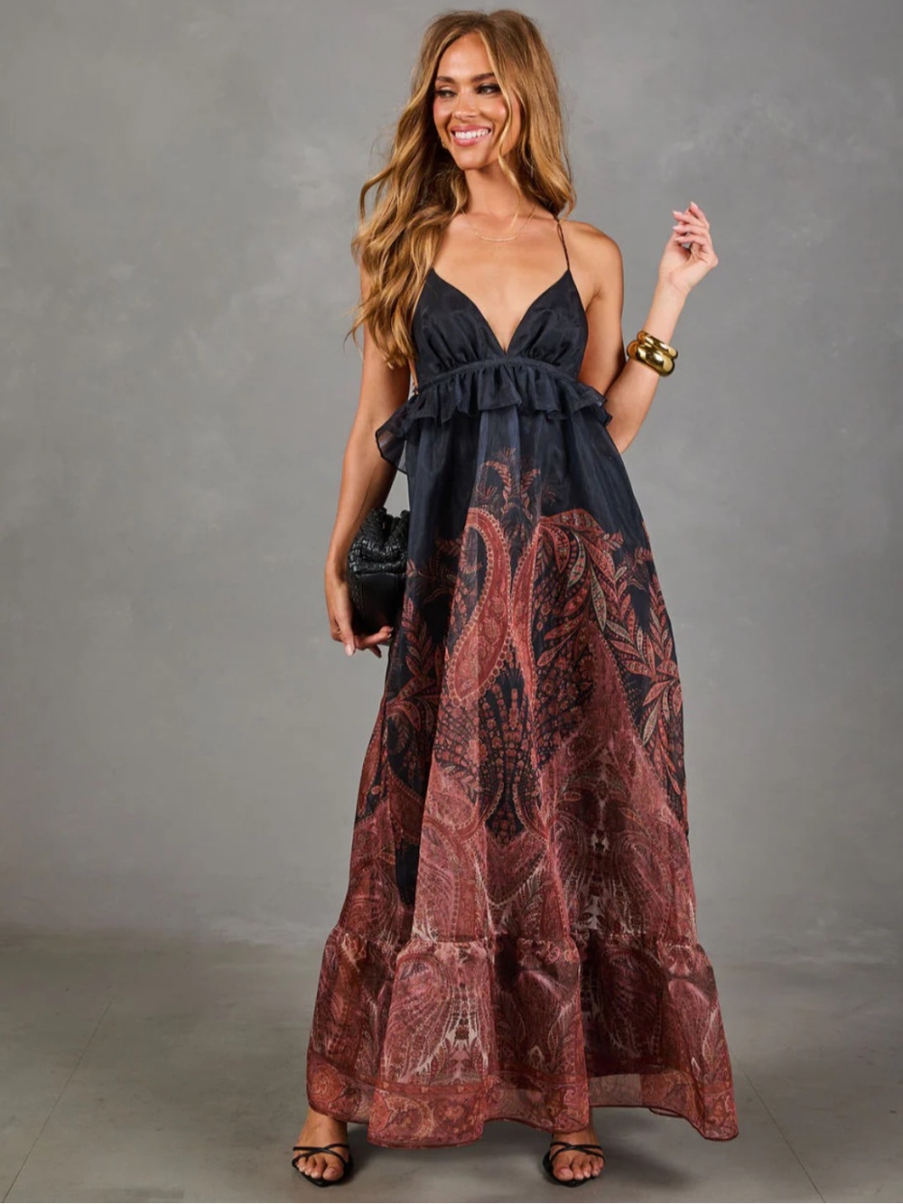 VICI Mojave Muse Paisley Halter Neck Peplum Waist Maxi Dress Sz: XS